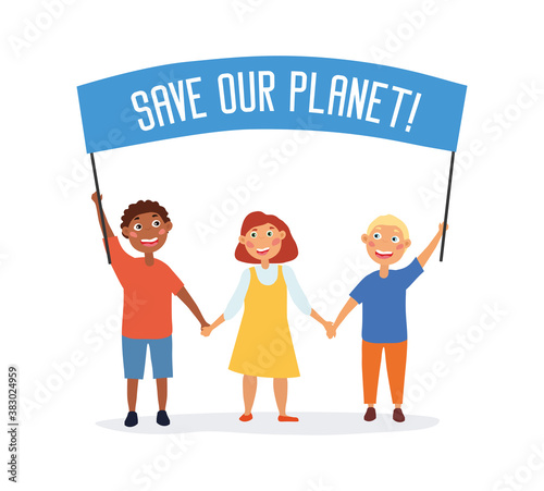Save our planet concept with children holding a banner. Cartoon vector illustration isolated on white background