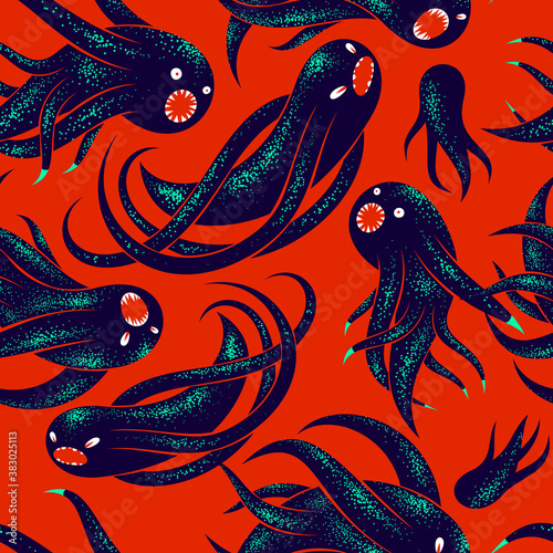 Scary horror monsters seamless vector textile pattern, beasts creatures endless wallpaper, stylish background for Halloween theme, funny picture.