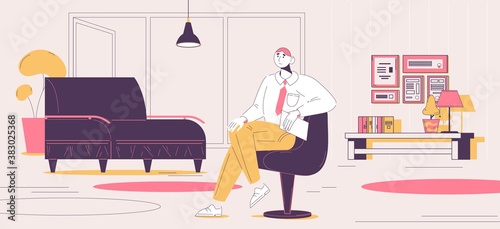 Interior scene with male psychotherapist waiting for a client for family or individual therapy. Concept illustration drawn with outline style, pink and yellow colors