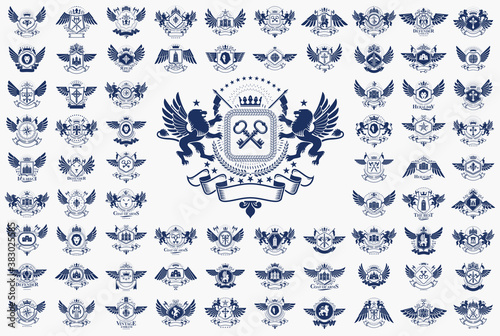 Classic style emblems big set, ancient heraldic symbols awards and labels collection, classical heraldry design elements, family or business emblems.