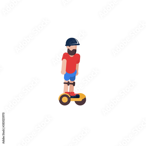 Modern man with a beard riding electric gyroscooter in helmet knee pad. Man driving riding eco friendly self balancing transport. Flat vector cartoon illustration isolated on white background