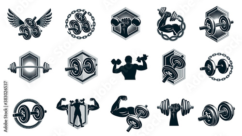 Gym fitness sport emblems and logos vector set isolated with barbells dumbbells kettlebells and muscle body man silhouettes and hands, athletics workout sport club, active lifestyle.