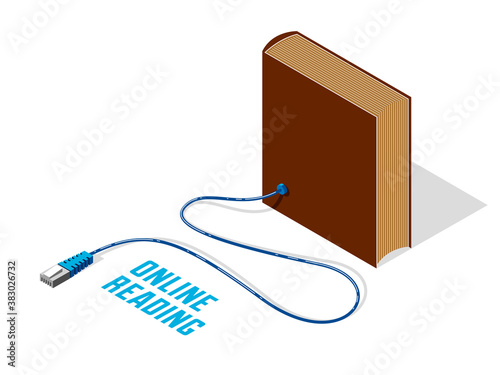Online reading concept book with plug vector concept illustration in 3d isometric style isolated on white, electronic book ebook web archive.