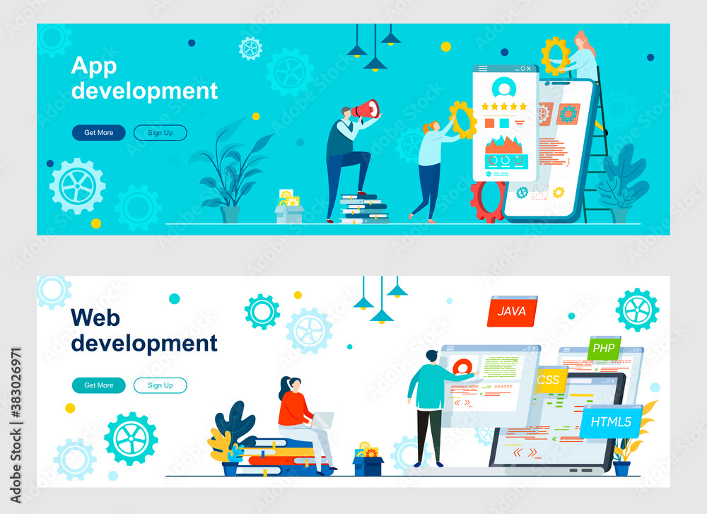 Fototapeta premium App and web development landing page with people characters. Full stack software engineering and programming web banners set. Websites construction vector illustration great for social media cover.