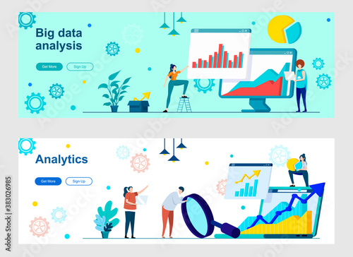 Big data analysis landing page with people characters. Expert research and data analysis web banners set. Business analytics and statistics information vector illustration great for social media cover