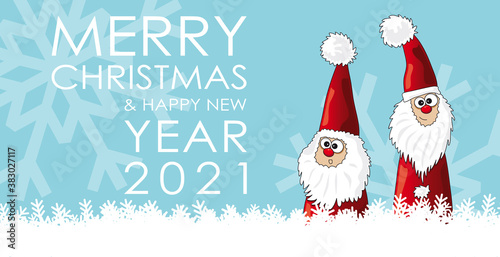 Merry Christmas Card and Happy New Year 2021 with pretty Santa Claus in a frozen landscape with snowflakes, cartoon, vector, illustration