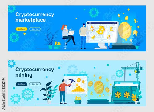 Cryptocurrency mining and trading landing page with people characters. Cryptography and blockchain fintech web banners set. Cryptocurrency marketplace vector illustration great for social media cover.