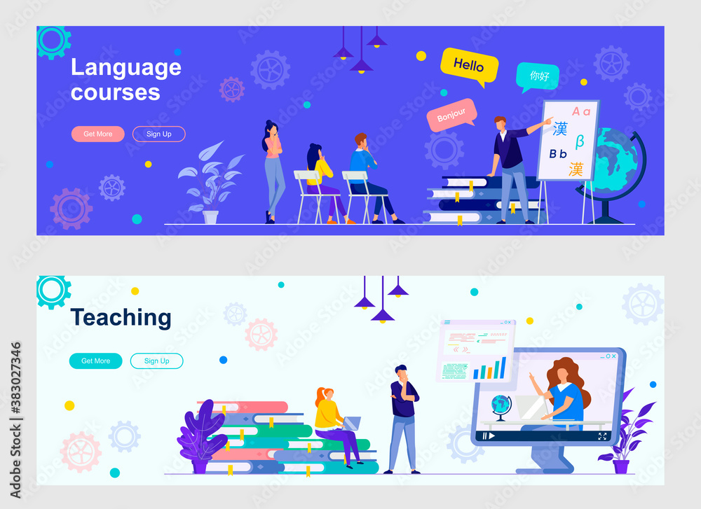 Language courses and teaching landing page with people characters. Online distance learning, teaching service web banners set. E-learning platform vector illustration great for social media cover.