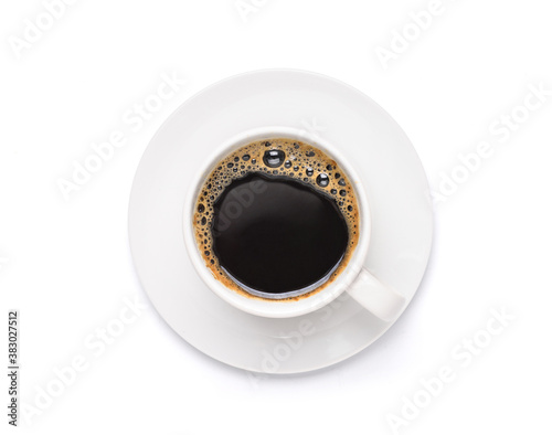Flat lay (top view) White cup of black coffee isolated on white background. with clipping path.
