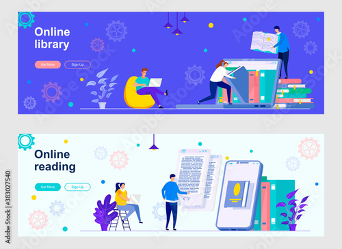 Online library landing page with people characters. E-library mobile application, online education and knowledges web banners set. Book reading vector illustration great for social media cover.