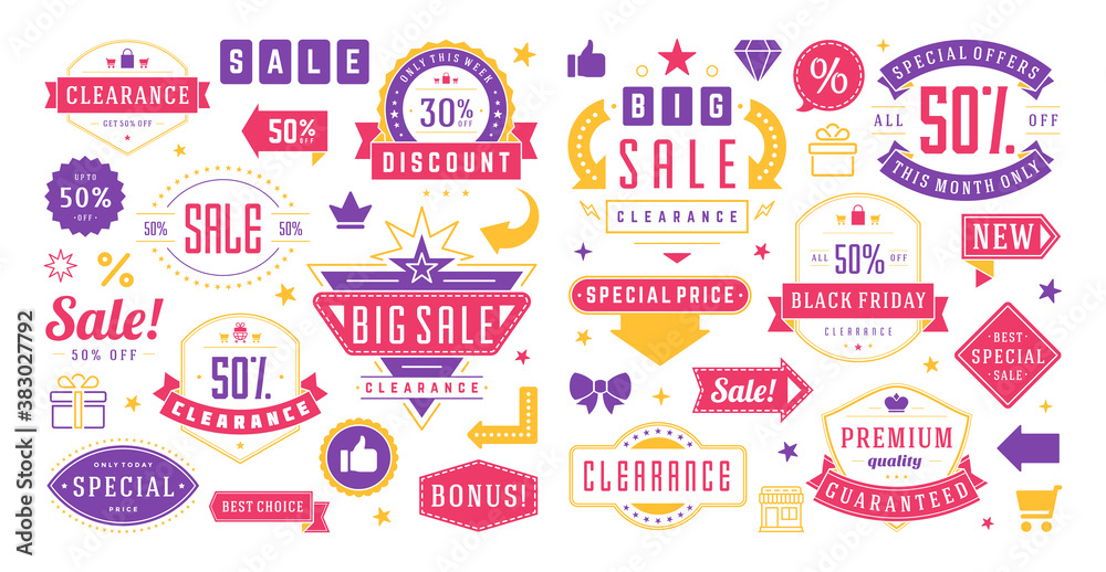 Obraz premium Sale banners special offers templates and discount stickers design elements set vector illustration.