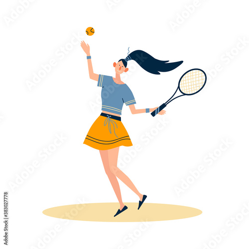 A woman enjoying their hobbies - playing tennis. A pretty girl with a tennis racket in hands. Flat cartoon vector illustration on white background.
