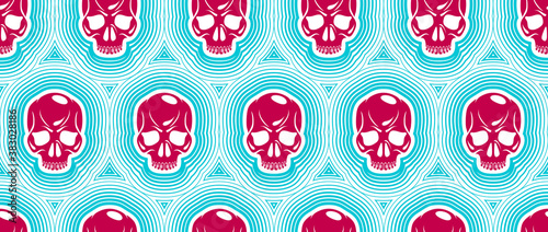 Seamless skulls background, vector pattern with crazy sculls, horror and death theme, Hard Rock and Rock N Roll subculture prints textile, hazard and danger.