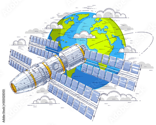 Space station flying orbital spaceflight around earth, spacecraft spaceship iss with solar panels, artificial satellite. Thin line 3d vector illustration.