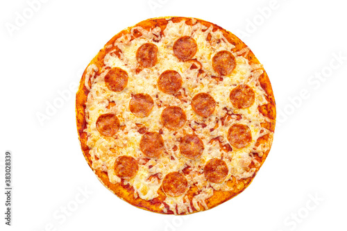 Top view image of italian pepperoni pizza with cheese, salami and tomato isolated at white background.