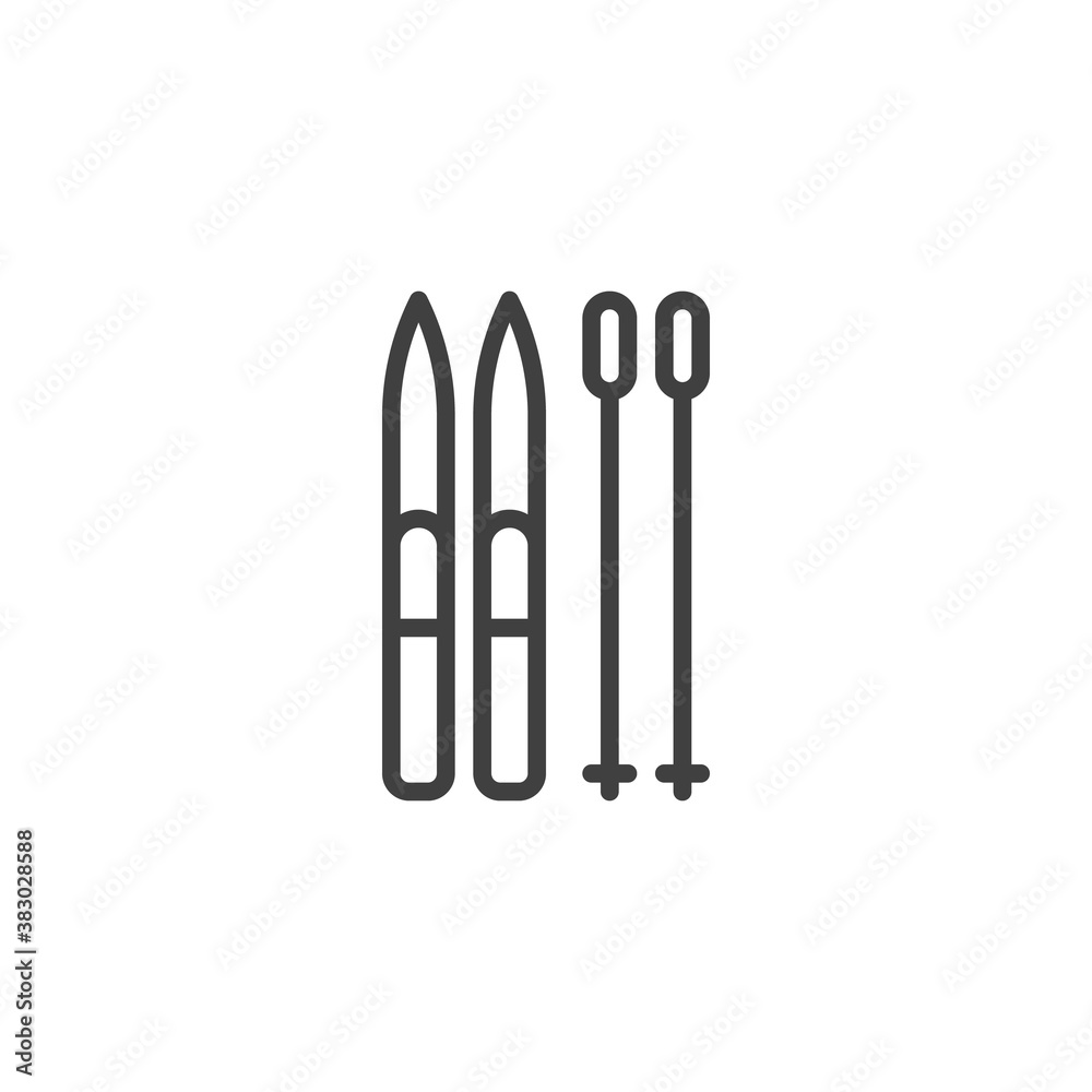 Ski and sticks line icon. linear style sign for mobile concept and web design. Skiing equipment outline vector icon. Symbol, logo illustration. Vector graphics Ski and sticks line icon. linear style sign for mobile concept and web design. Skiing equipment outline vector icon. Symbol, logo illustration. Vector graphics