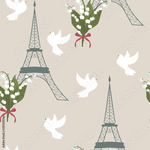 Seamless vector illustration with eiffel tower, pigeons and bouquets of lilies of the valley.