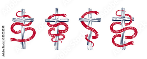 Snake wraps around Christian cross, the struggle between good and evil, saint and sinner, love and hate, life and death symbolic vector illustration logo, emblem or tattoo.