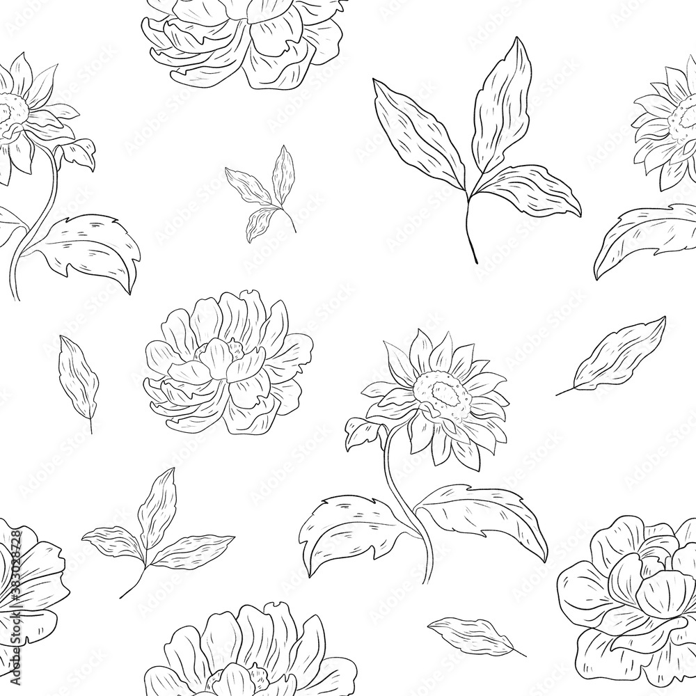Fototapeta premium Floral raster seamless pattern. Floral botanical motifs. Illustration with flowers can be used for wallpapers, pattern fills, web page backgrounds,surface textures. Gorgeous floral arrangement