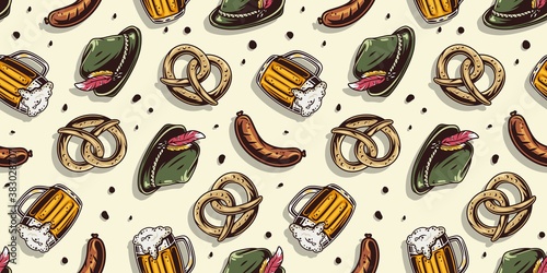 Pattern wallpaper with beer mug, pretzel and hat