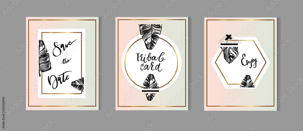 Set of Hand Drawn Universal Cards with tropical palm leaf in pastel and gold colors. Design for Flayers, Placards, Posters, Invitations, Brochures. Artistic Creative Templates.
