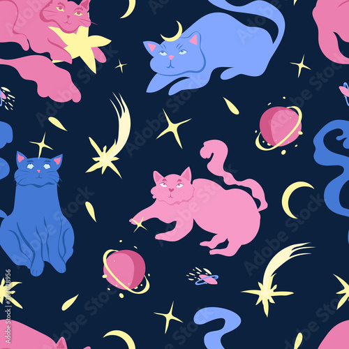 Cute space cats with planets, moons, comets and stars on dark blue background