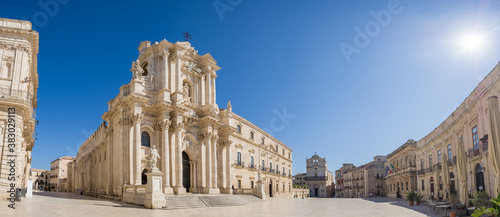 Panorama of an empty Piazza Duomo and of the Cathedral of Syracuse in Sicily photo