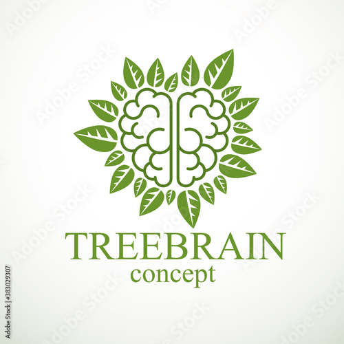Tree Brain concept, the wisdom of nature, intelligent evolution. Human anatomical brain in a shape of tree with green leaves. Brain feeding with diet products. Vector logo or icon design.