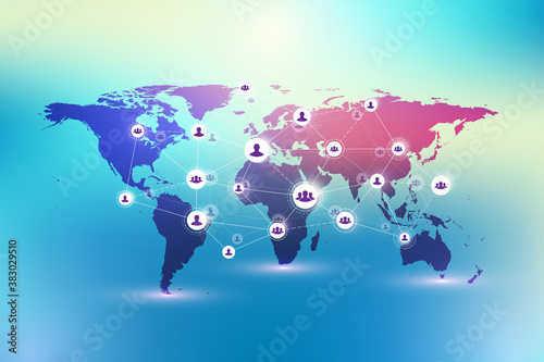 Social media network and marketing concept on World Map background. Global business concept and internet technology, Analytical networks, illustration.