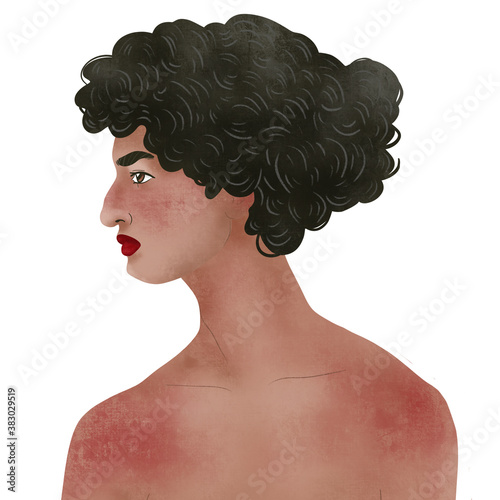 Cute face of a girl. Textural illustration of a female. Realistic woman face for creating fashion prints, postcard, wedding invitations, banners, arrangement illustrations, books, covers.