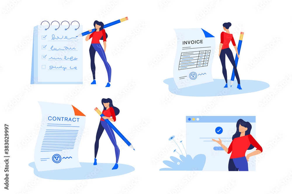 Set of people concept illustrations. Vector illustrations of business documents, check list, contract, invoice, business app, online questionnaire.