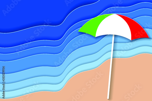 Sea landscape with beach umbrella on the sandy beach. Vector illustration EPS10