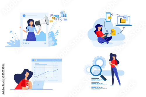Set of people concept illustrations. Vector illustrations of social media, digital marketing, cloud computing, busines analysis, seo. © PureSolution