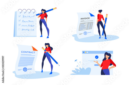 Set of people concept illustrations. Vector illustrations of business documents, check list, contract, invoice, business app, online questionnaire. photo