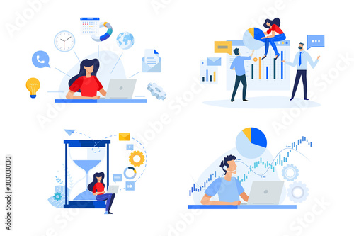 Set of people concept illustrations. Vector illustrations of business plan, project management, time management, data analysis, stock market support.