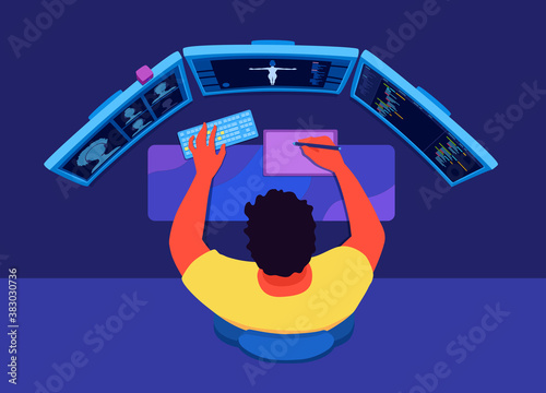 A freelancer programmer, an indie developer working at home, programming, coding. A digital artist drawing with a computer graphics tablet. Multitasking. View from above. A vector illustration. 