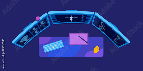 A programmer, developer, digital artist workplace table. Workspace with three computer monitors, graphic tablet, keyboard, computer mouse. Multitasking. View from above. A vector illustration.