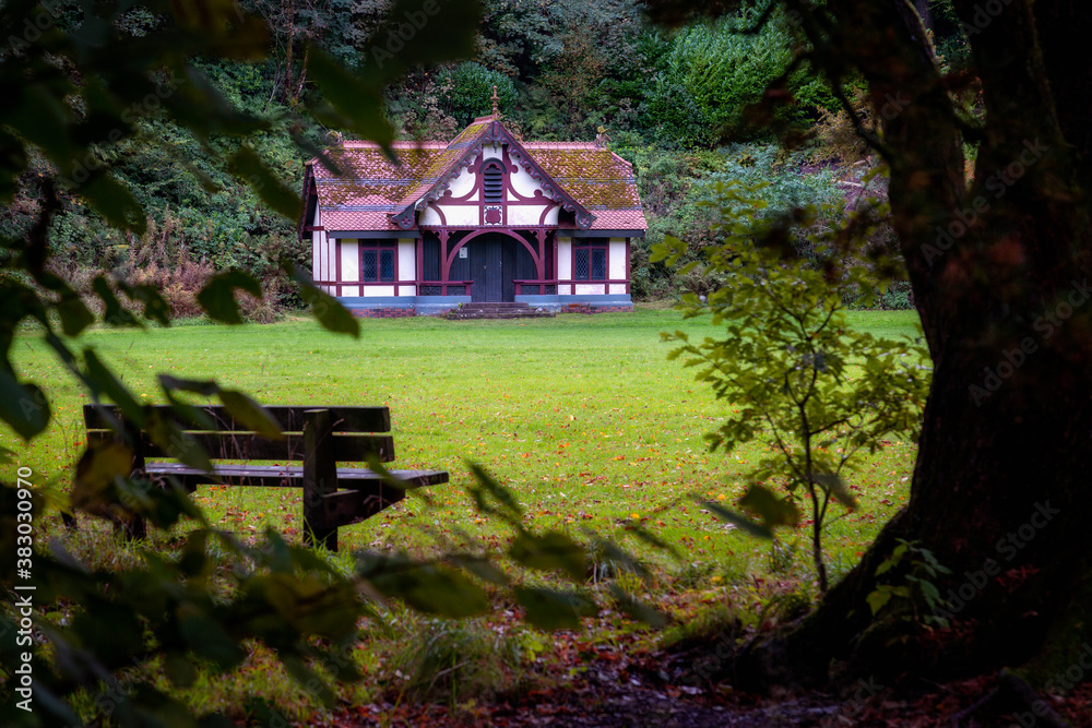 The pavilion at Craig y Nos Country park in the Swansea Valley, South Wales UK, where guests can dress for tennis or croquet.
