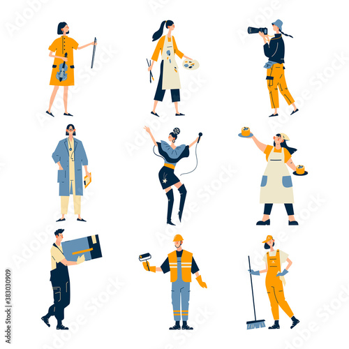 Collection of men and women of various occupations or profession wearing professional uniform - construction worker, physician, pastry chef, singer, musician, artist, builder. Flat cartoon vector.