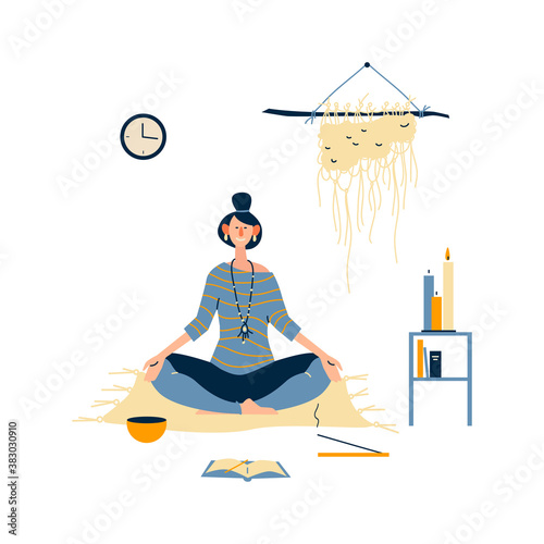 Young woman with crossed legs and closed eyes meditating at home.  
Practicing yoga and enjoying meditation. Flat cartoon vector illustration on white background.   