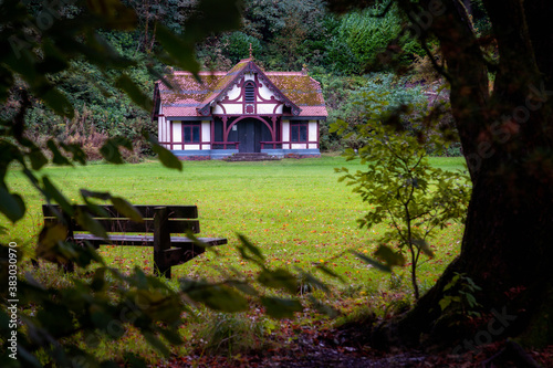 The pavilion at Craig y Nos Country park in the Swansea Valley, South Wales UK, where guests can dress for tennis or croquet.  © leighton collins