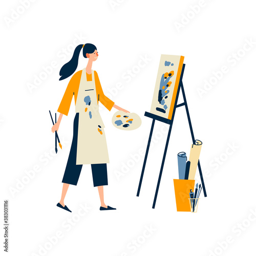 A woman enjoying their hobbies - painting. A pretty girl girl draws a picture. Flat cartoon vector illustration on white background.