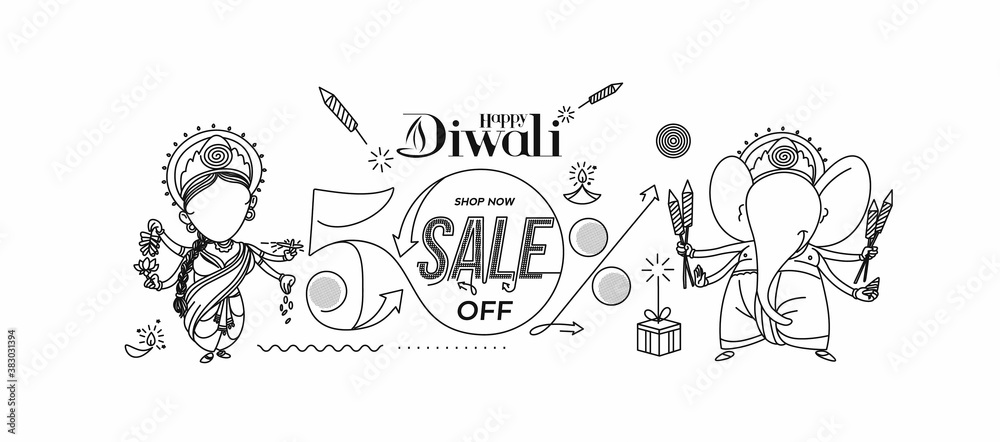Diwali Hindu festival Poster, Abstract Flat 50% Sale Poster Banner Vector illustration.