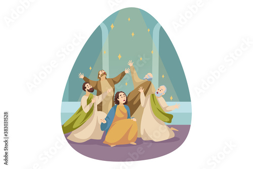 Religion, christianity, Bible concept. Crowd group of men women christians character getting blessing from Trinity son father and holy spirit. Pentecost or Whitsaunday religious holidays celebration.