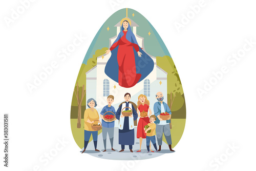 Religion, bible, christianity concept. Young Maria mother of Jesus Christ protecting caring about people christians parish with food vegetables. Assumption of Mary ascension celebration illustration.