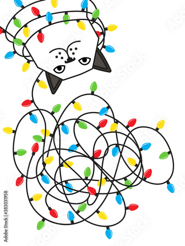 Cat tangled christmas lights. Creeting card design