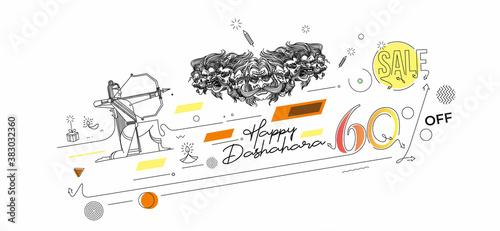 Ravana ten heads with text Happy Dussehra and Big Sale Flat 60% off - Abstract Poster Banner Vector Design.