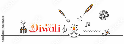 Rocket firecrackers in a pot with text of Happy Diwali -  ine art vector Background.