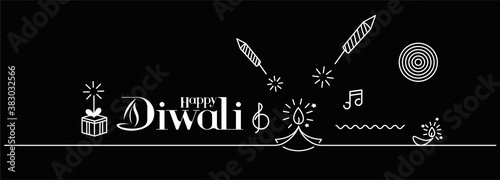 Rocket firecrackers in a pot with text of Happy Diwali -  ine art vector Background.