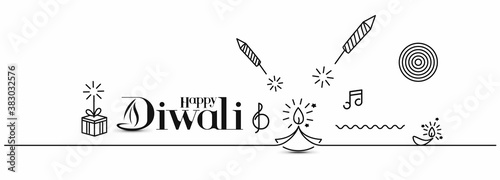 Rocket firecrackers in a pot with text of Happy Diwali -  ine art vector Background.